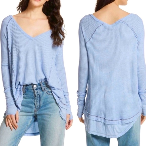 We The Free Pastel Blue V-Neck Waffle Knit Thermal Swing Tee T-Shirt Top - Picture 1 of 11
